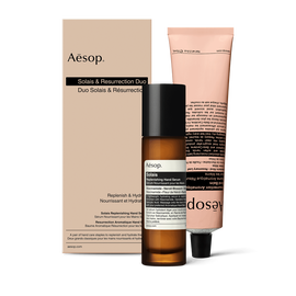 Un flacon pompe de Serum Nourrissant pour les Mains Solais et un tube de Baume Aromatique Resurrection pour les Mains reunis dans un coffret.